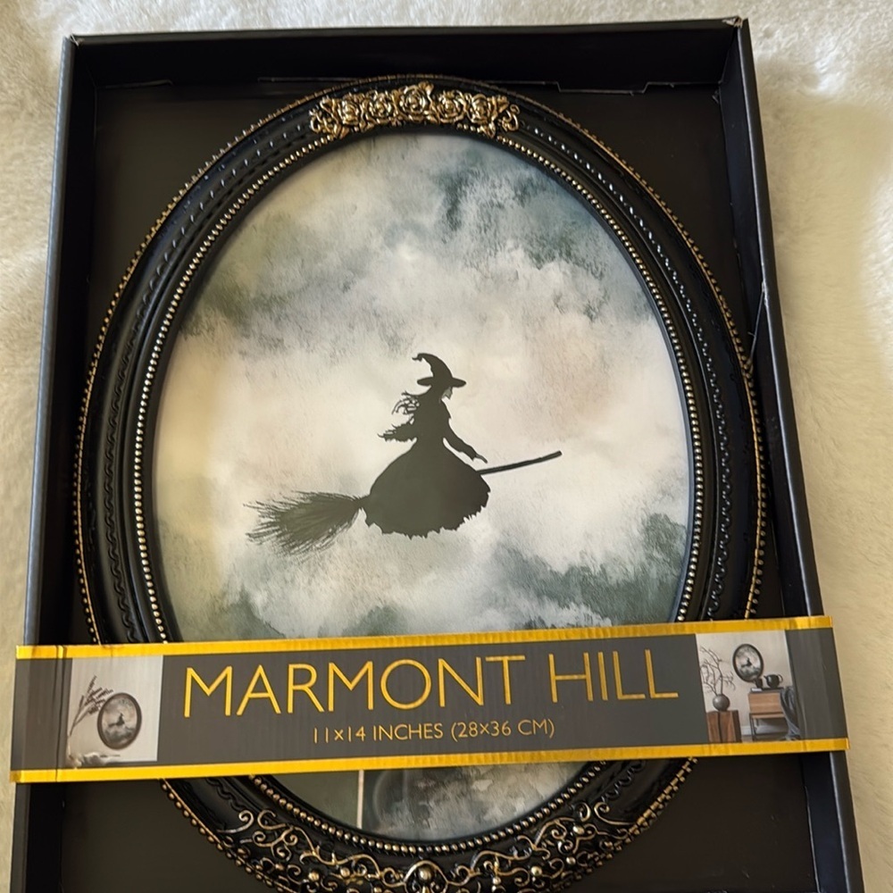 Marmont Hill Witch on Broom Framed Art HALLOWEEN Decor Black Gold 11x14
